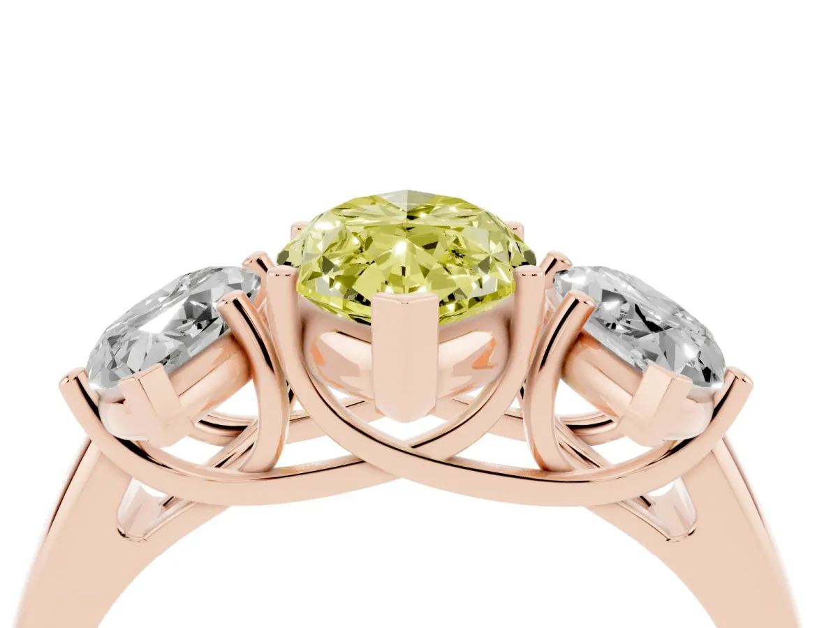 Fancy Yellow Three-Stone Marquise Cut Diamond Engagement Ring with Prong Setting Rose gold