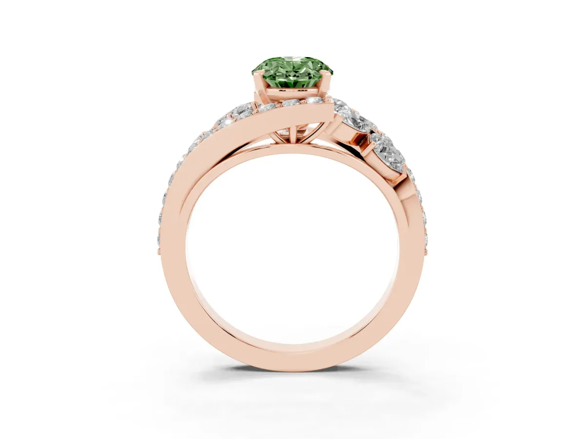 Fancy Green Oval Cut Diamond Halo Ring with Marquise and Pavé Band in Prong Setting Rose gold