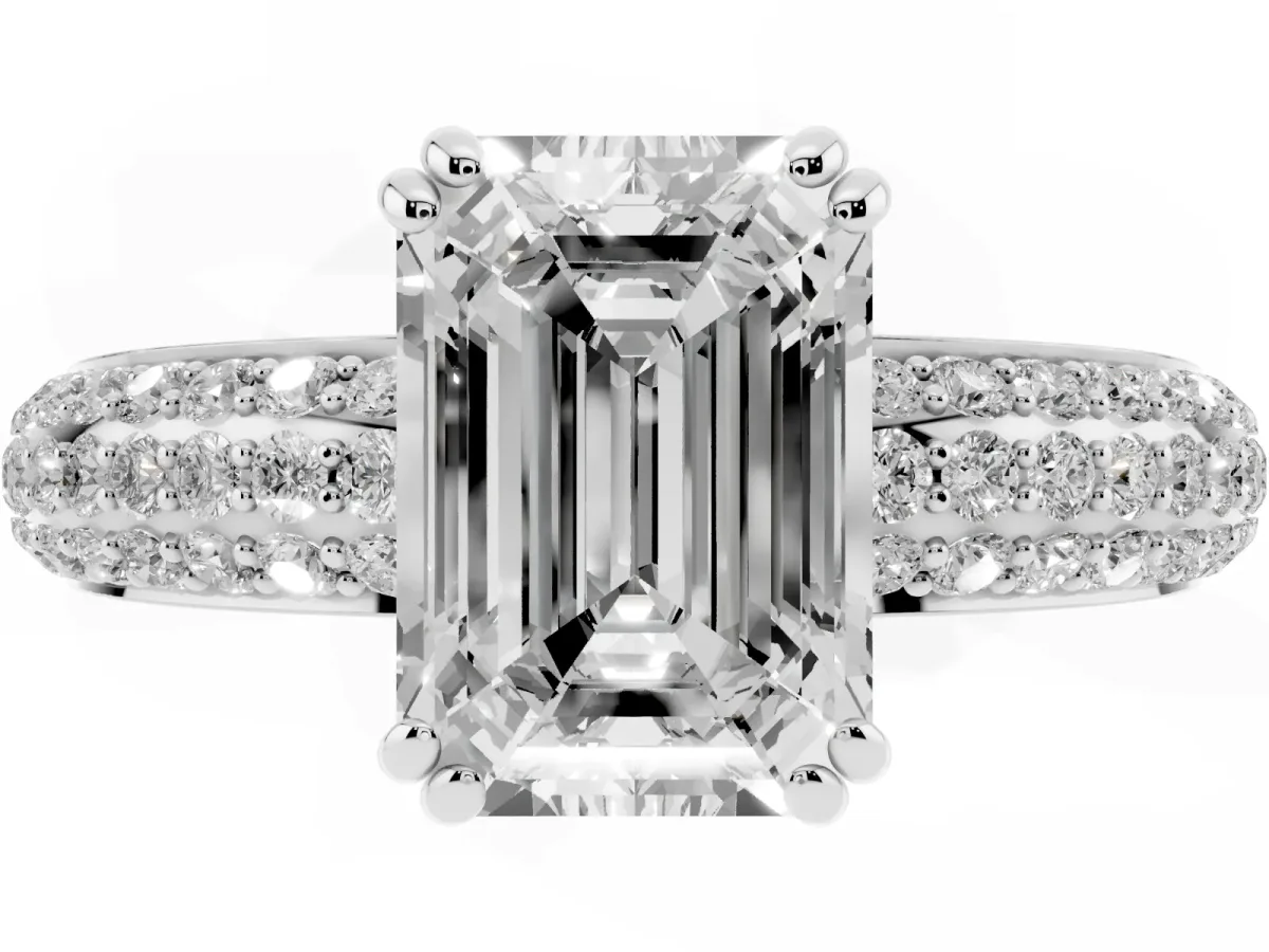 Emerald Cut Diamond Solitaire Ring with Multi-Row Round Pavé Band and Prong Setting Silver