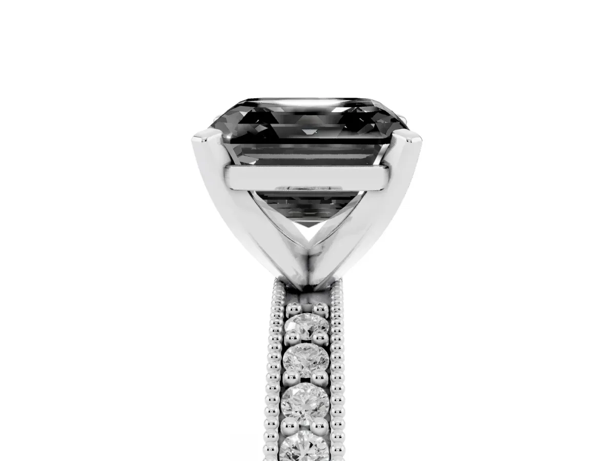 Fancy Black Asscher Cut Diamond Milgrain Pavé Engagement Ring with Four-Prong Setting Silver