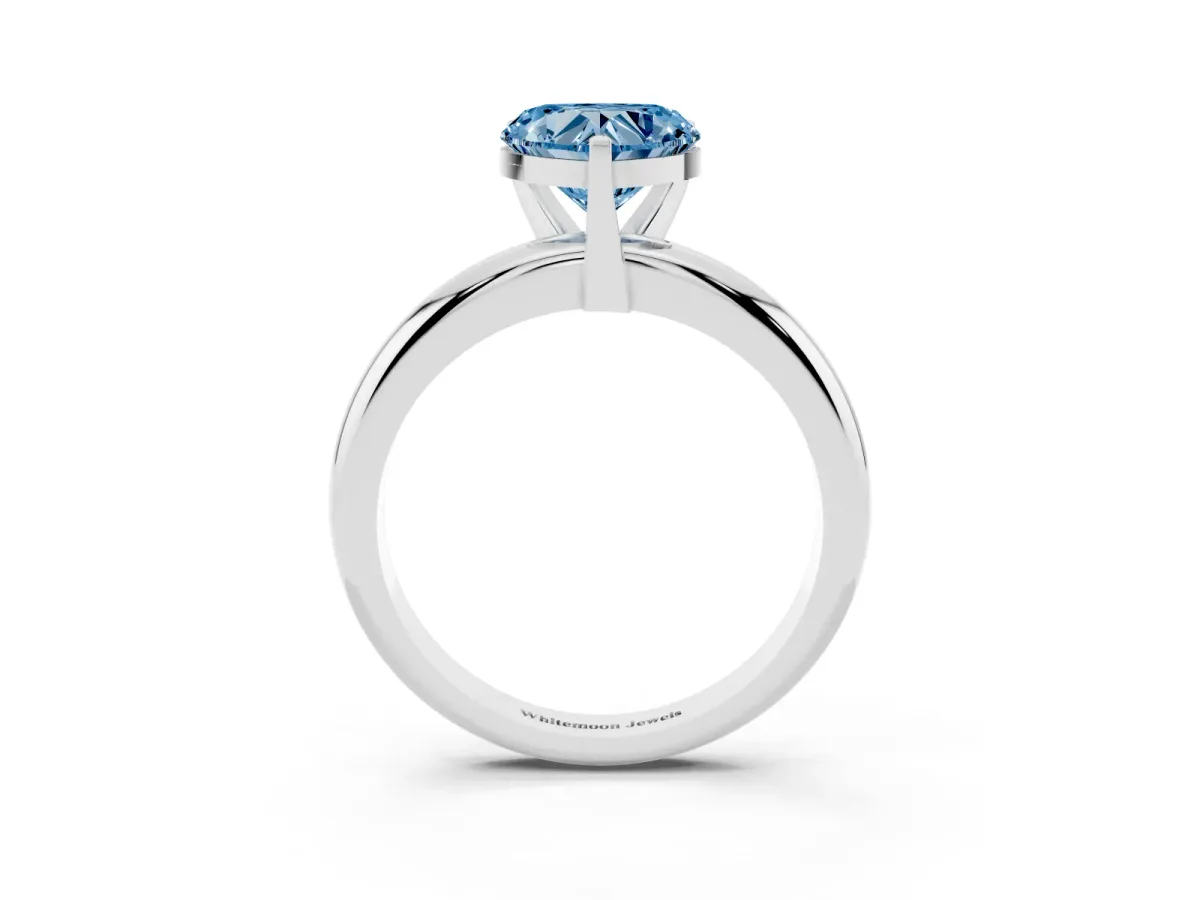 Fancy Blue Heart Cut Diamond Solitaire Engagement Ring with Round Band and Four-Prong Setting White gold