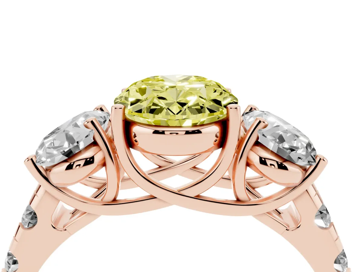 Fancy Yellow Three-Stone Oval Cut Diamond Pavé Band with Prong Setting Rose gold