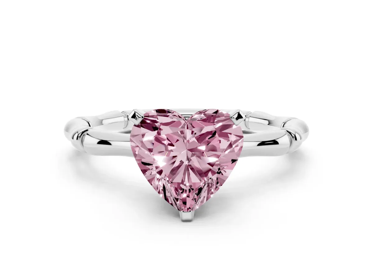 Fancy Pink Heart Cut Solitaire Diamond Ring with Bamboo Band and Four-Prong Setting Silver