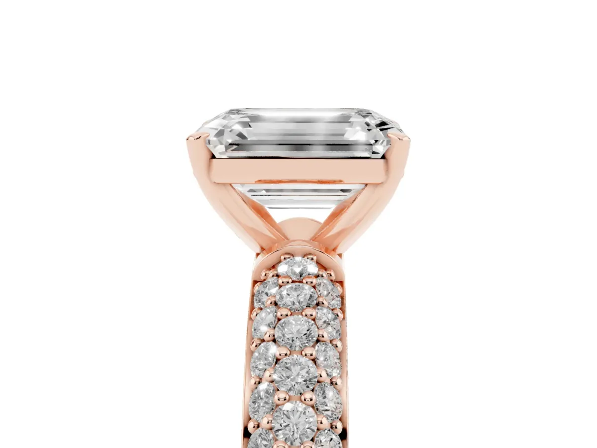 Emerald Cut Diamond Solitaire Ring with Prong Setting and Pavé Band Rose gold
