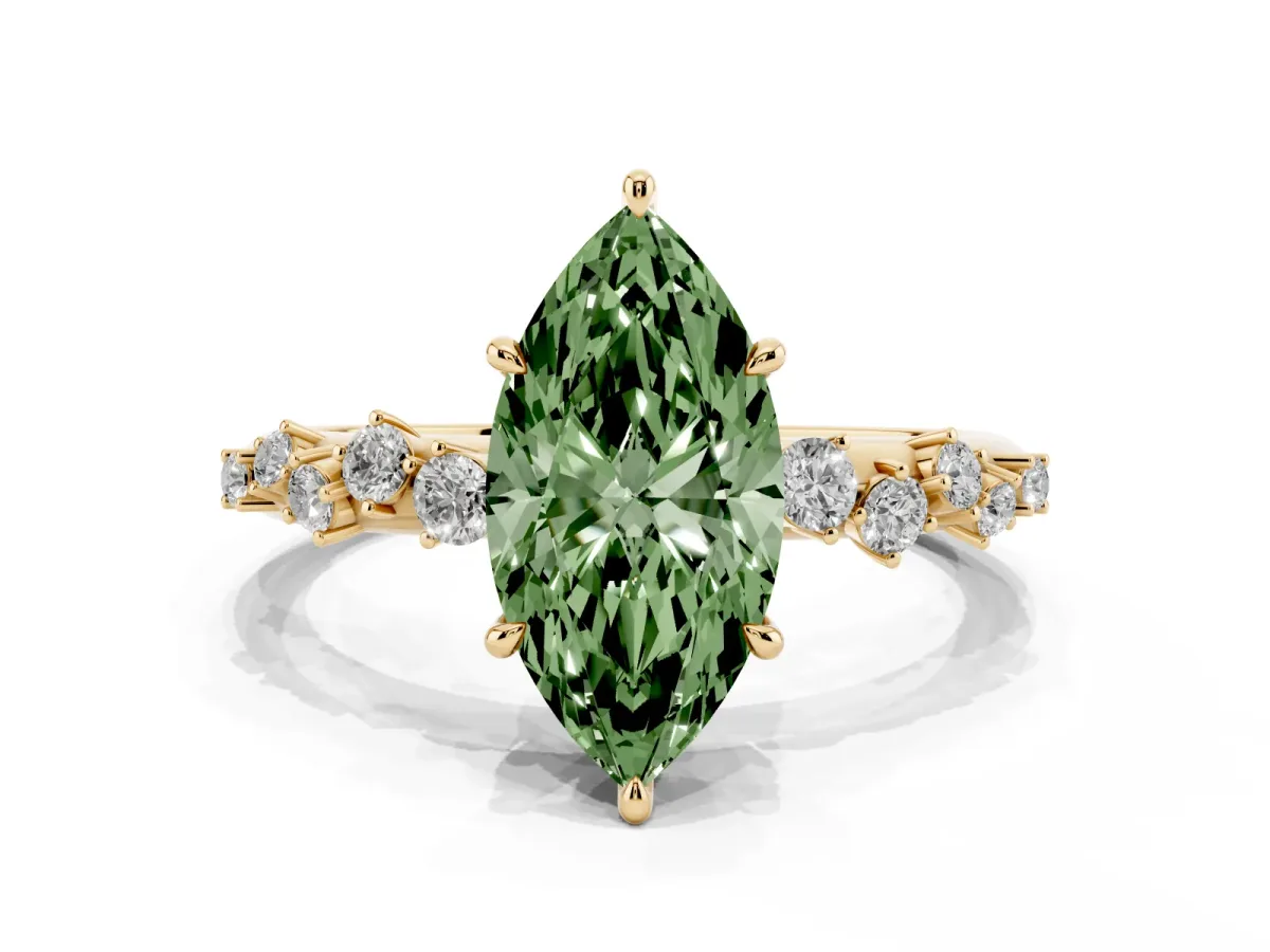 Fancy Green Marquise Cut Diamond Cluster Side Stone Solitaire Ring with Prong Setting Yellow gold