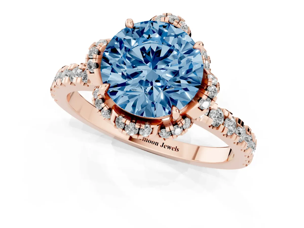 Fancy Blue Round Cut Halo Diamond Pave Band Ring with Four-Prong Setting Rose gold