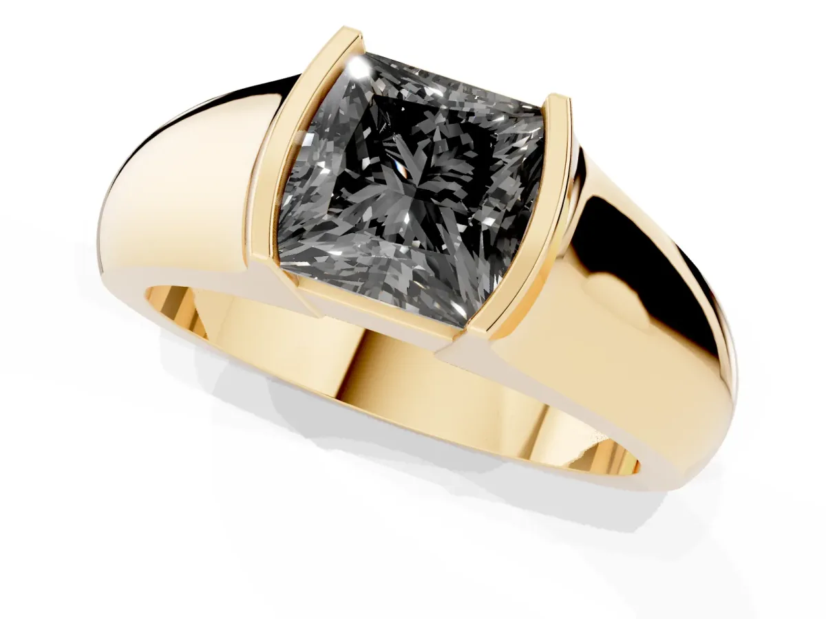 Fancy Black Princess Cut Solitaire Bezel Set Diamond Ring with Wide Band Yellow gold