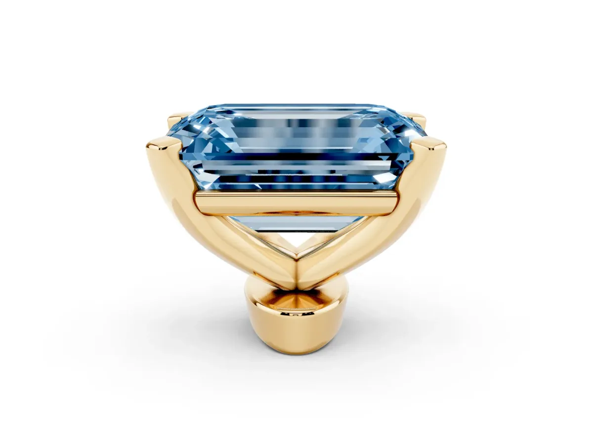 Fancy Blue Emerald Cut Diamond Solitaire Ring with Prong Setting and Classic Band Yellow gold