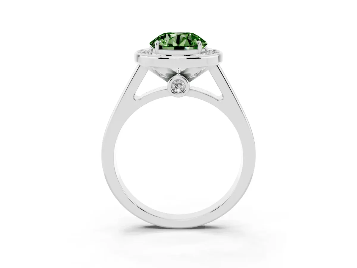 Fancy Green Round Cut Halo Solitaire Diamond Ring with Pave Band and Bezel Setting Silver