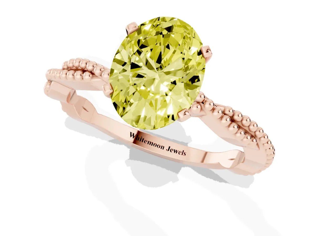 Fancy Yellow Oval Cut Solitaire Twisted Band with Bead Prong Setting Rose gold