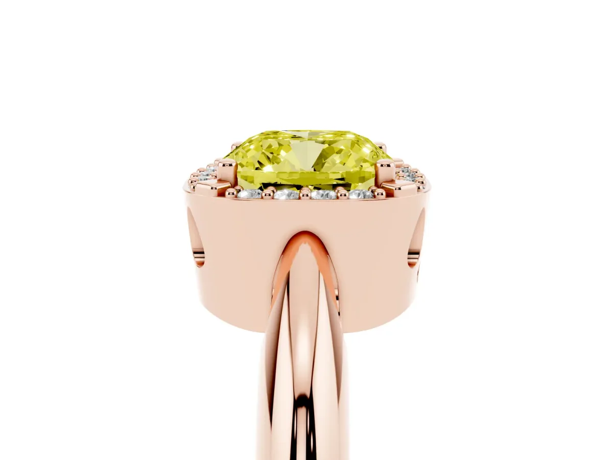 Fancy Yellow Cushion Cut Cut Diamond Halo Engagement Ring with Split Shank and Four-Prong Setting Rose gold