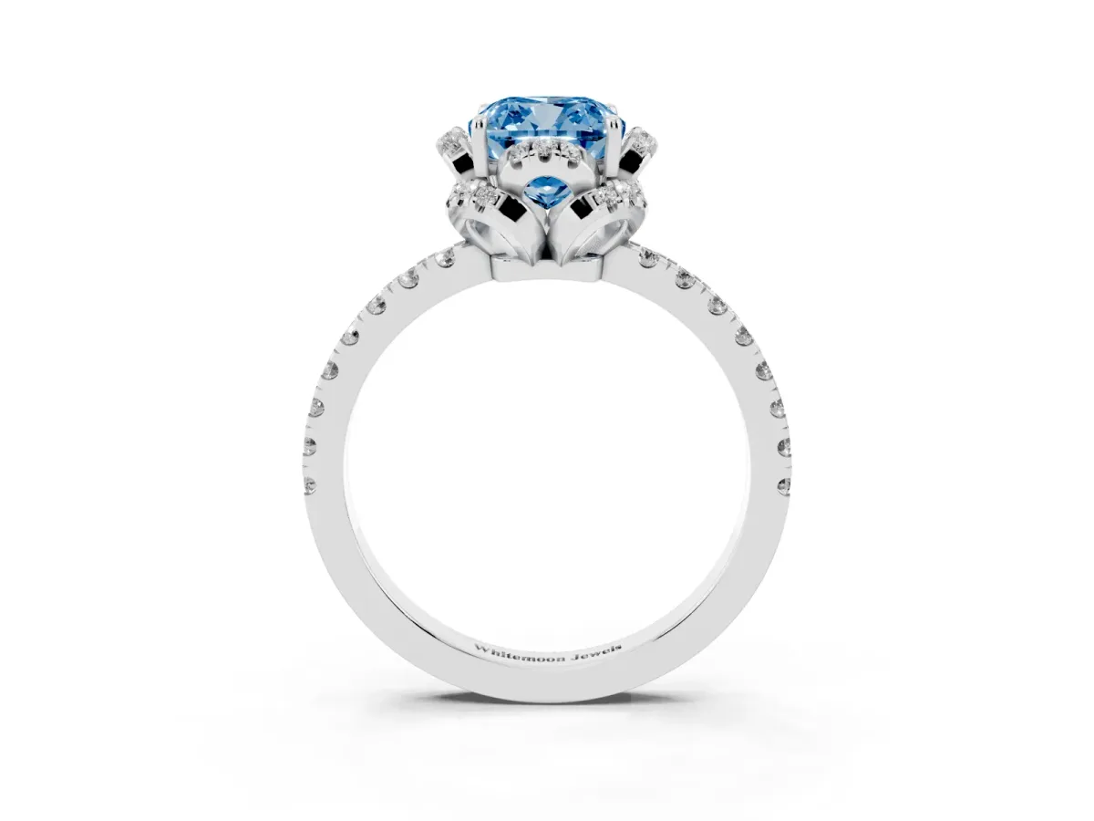 Fancy Blue Cushion Cut Halo Diamond Pave Band Ring with Four-Prong Setting Silver