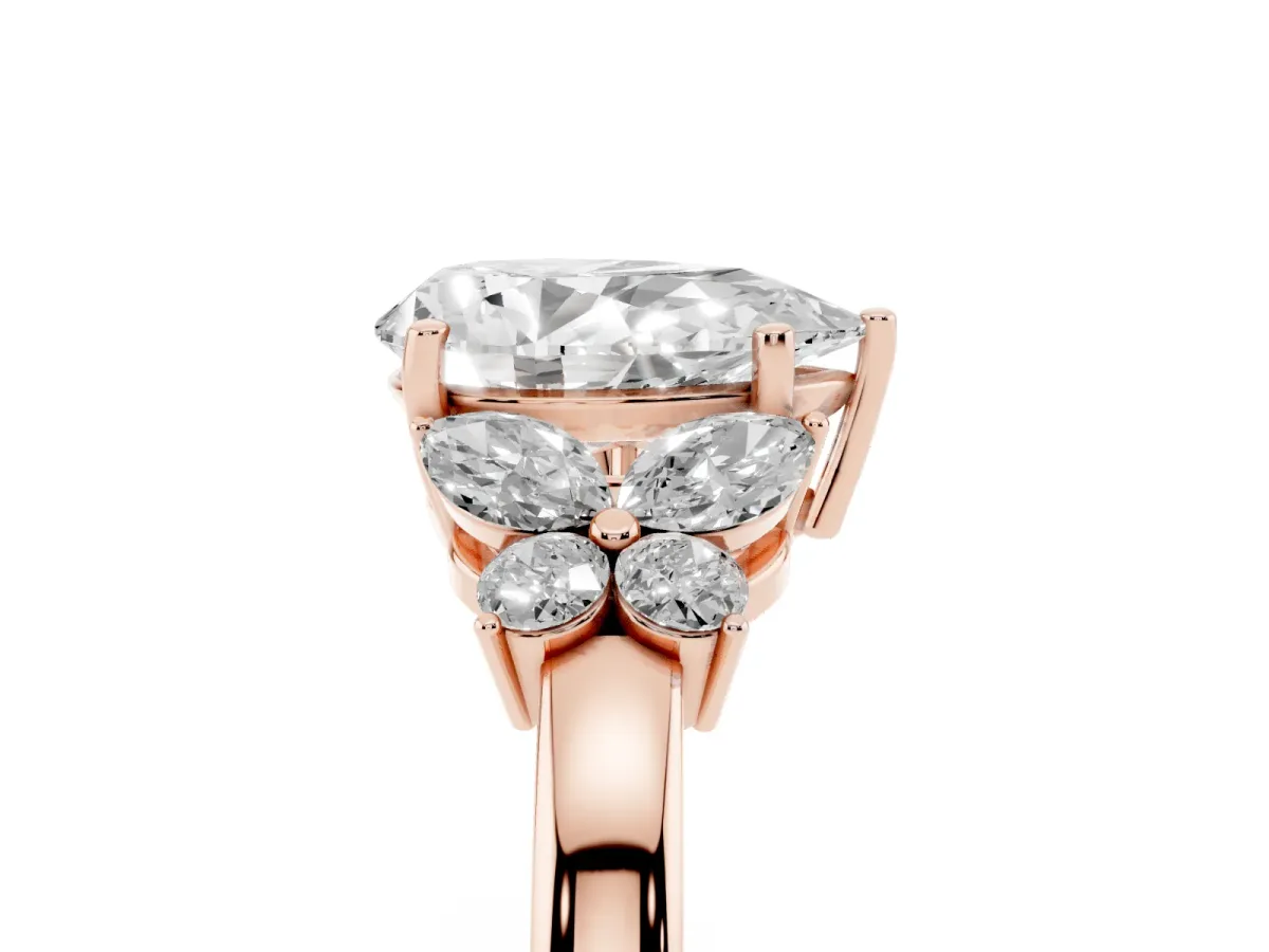 Pear Cut Cut Solitaire Floral Diamond Ring with Four-Prong Setting Rose gold
