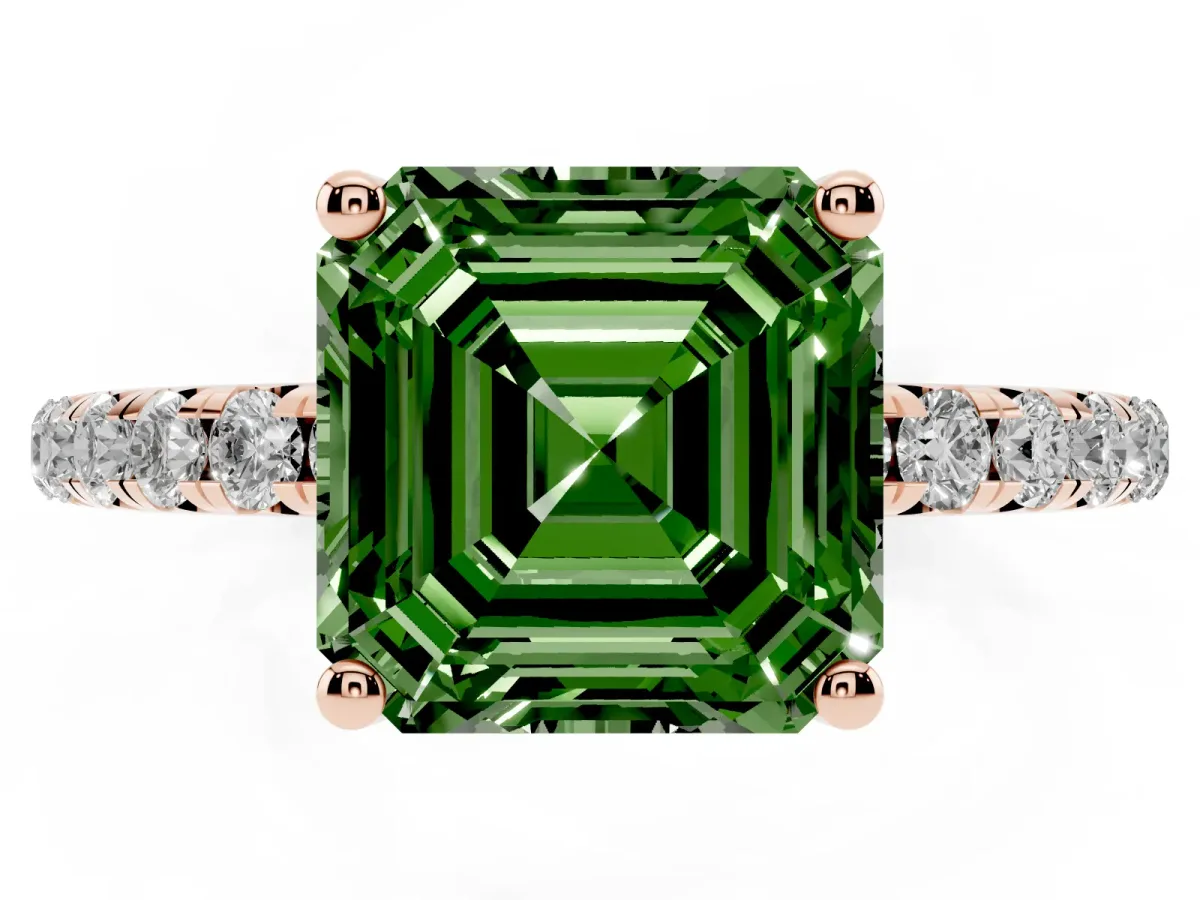 Fancy Green Asscher Cut Cut Diamond Solitaire Ring with Micro Pave Band and Four Prong Setting Rose gold