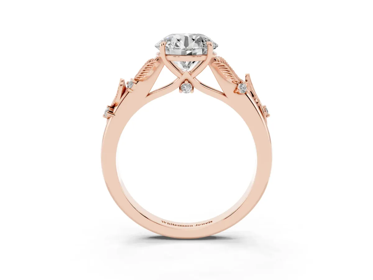 Round Cut Diamond Solitaire Ring with Leaf Motif Band and Four-Prong Setting Rose gold