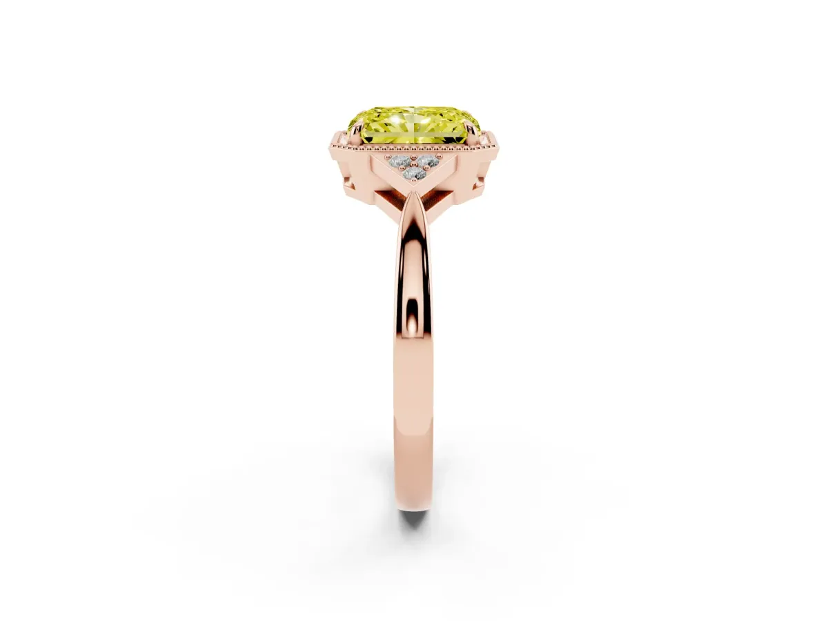 Fancy Yellow Hexagonal Halo Radiant Cut Diamond Solitaire with Pavé Band and Four-Prong Setting Rose gold