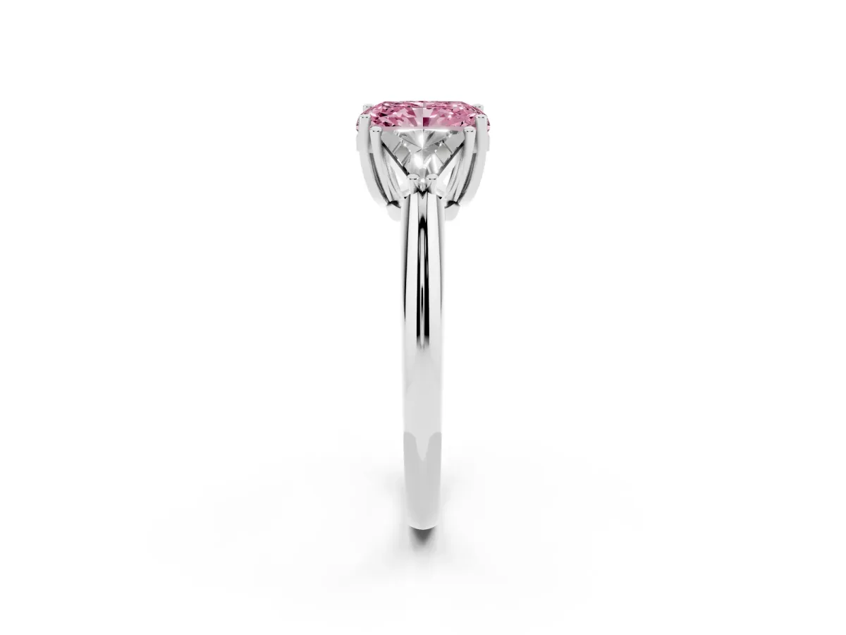 Fancy Pink Three-Stone Radiant Cut Diamond Engagement Ring with Trillion Side Stones and Prong Setting White gold