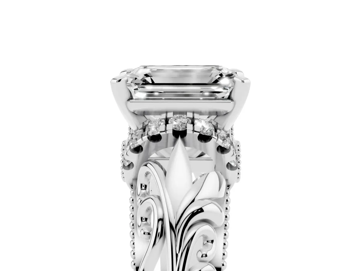 Emerald Cut Solitaire Filigree Engagement Ring with Halo and Prong Setting Platinum