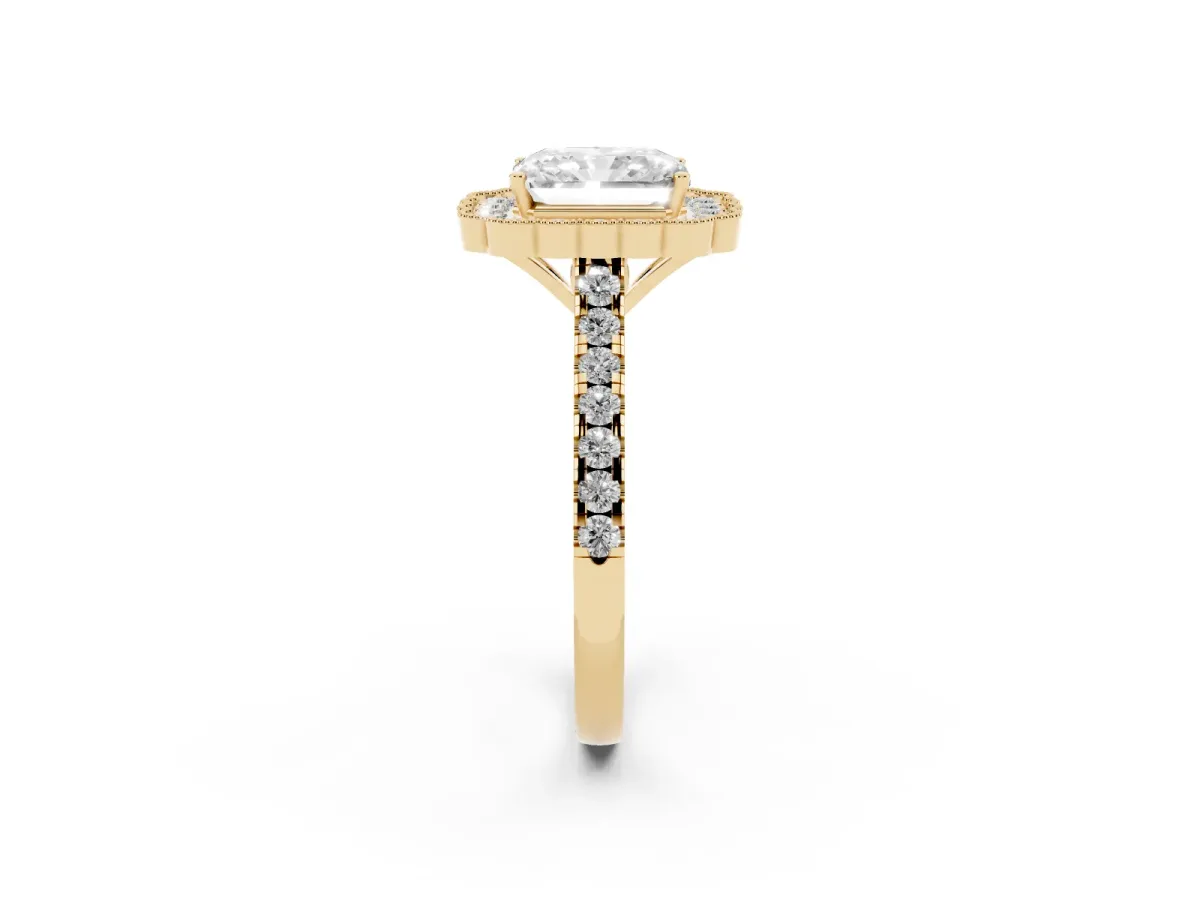Radiant Cut Cut Diamond Milgrain Floral Halo Engagement Ring with Pavé Band Yellow gold