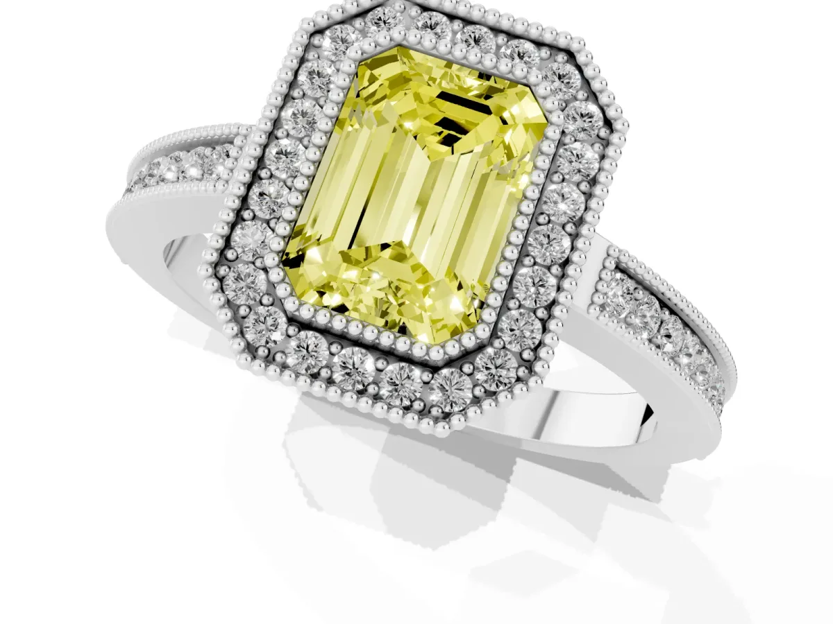 Fancy Yellow Emerald Cut Cut Halo Diamond Ring with Pavé Band and Milgrain Prong Setting White gold