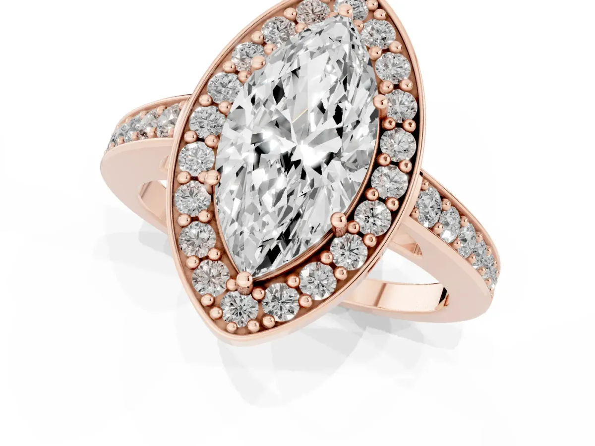 Marquise Cut Halo Pavé Diamond Engagement Ring with Bezel Setting Rose gold