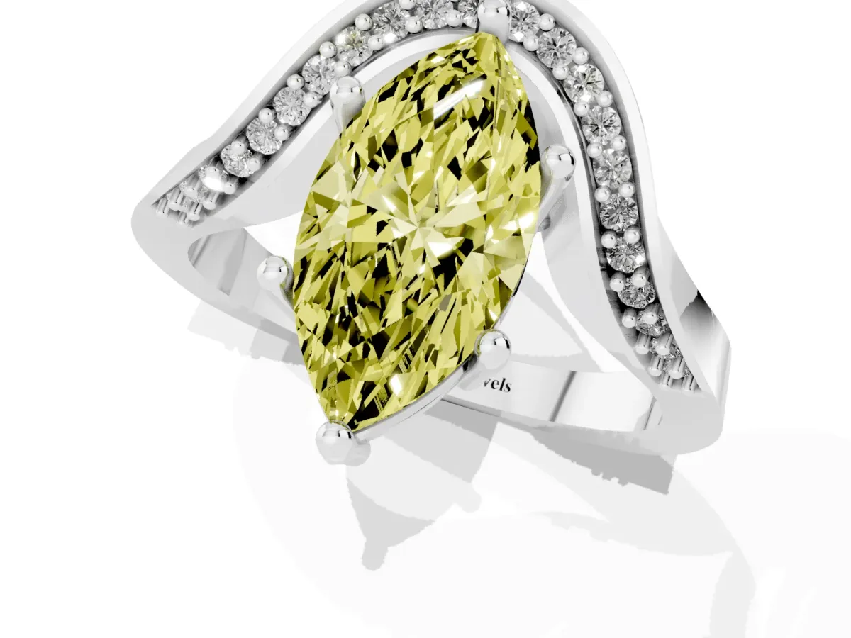 Fancy Yellow Marquise Cut Solitaire Diamond Engagement Ring with Pave Band and Four-Prong Setting White gold