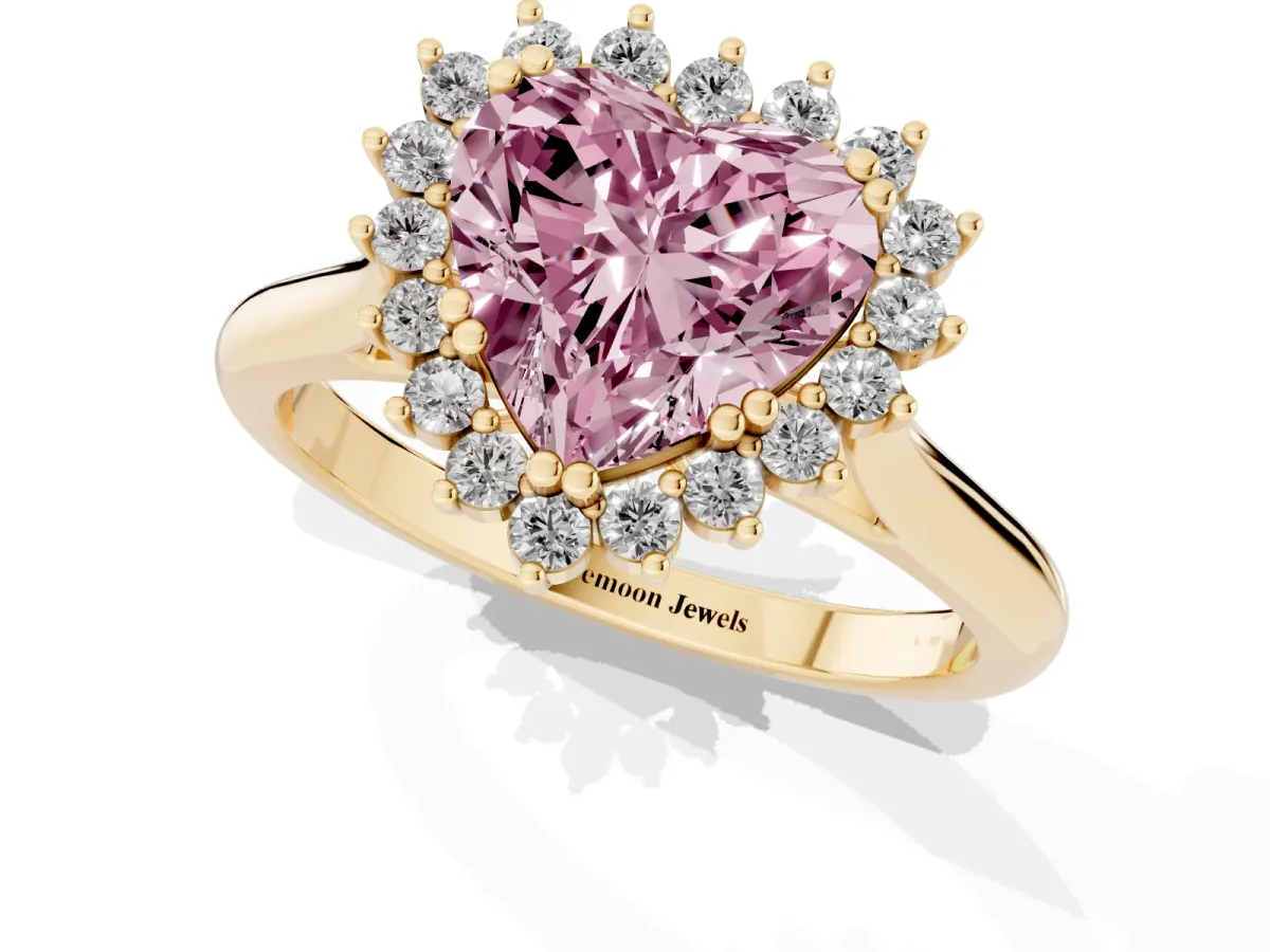 Fancy Pink Heart Cut Cut Diamond Halo Ring with Solitaire Band and Prong Setting Yellow gold