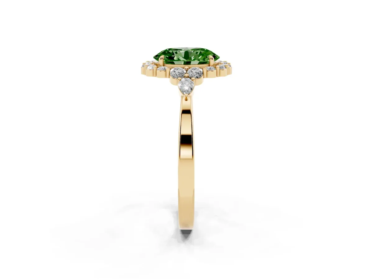 Fancy Green Oval Cut Diamond Halo Ring with Pear Side Stones and Prong Setting Yellow gold