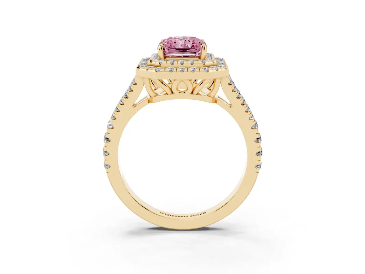 Fancy Pink Radiant Cut Diamond Double Halo Ring with Pavé Band and Prong Setting Yellow gold