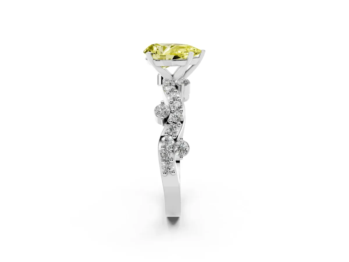 Fancy Yellow Pear Cut Cut Solitaire Diamond Twisted Band with Pave Setting White gold
