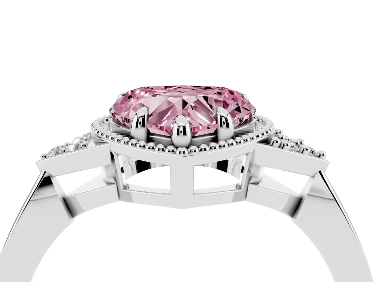 Fancy Pink Hexagonal Halo Heart Cut Diamond Solitaire with Pavé Band and Four-Prong Setting Silver