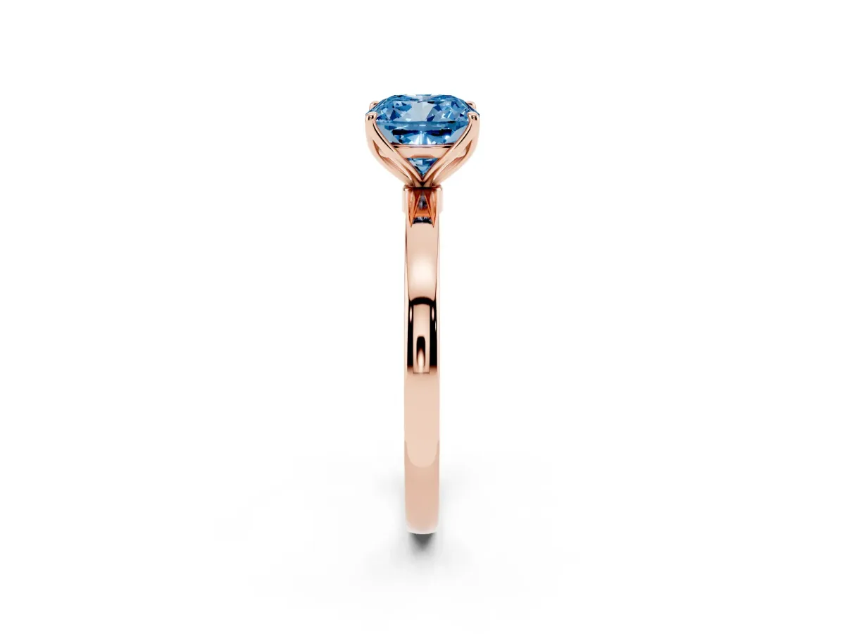 Fancy Blue Cushion Cut Diamond Solitaire Ring with Thin Band and Prong Setting Rose gold