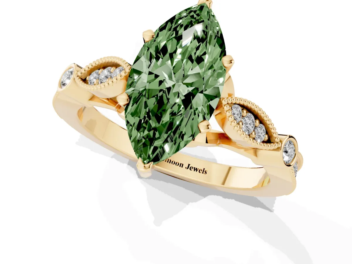 Fancy Green Marquise Cut Cut Diamond with Milgrain Marquise and Bezel Accents on a Solitaire Band with Prong Setting Yellow gold