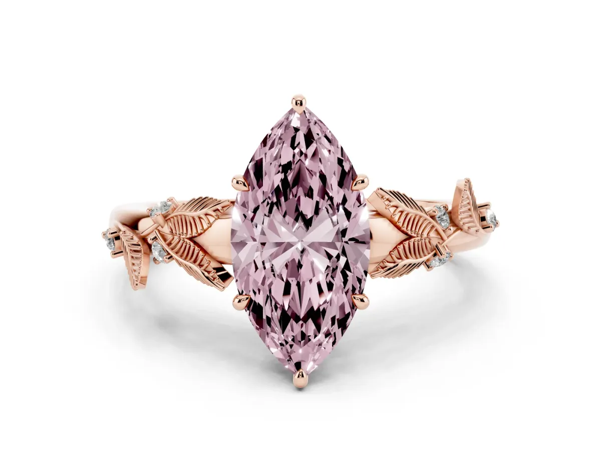 Fancy Pink Marquise Cut Diamond Solitaire Ring with Leaf Motif Band and Four-Prong Setting Rose gold