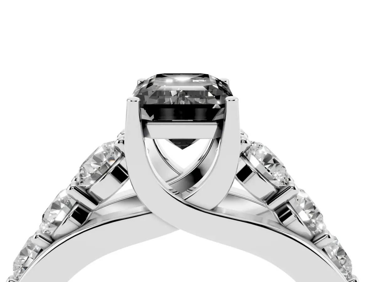 Fancy Black Emerald Cut Diamond Engagement Ring with Pavé Band and Four-Prong Setting Silver
