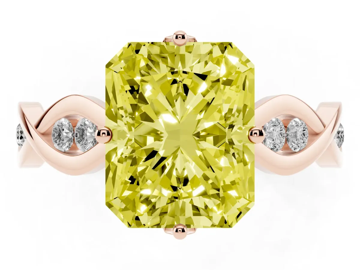 Fancy Yellow Radiant Cut Solitaire Twist Band with Leaf Prong Setting Rose gold