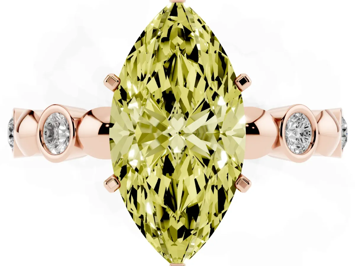 Fancy Yellow Marquise Cut Solitaire Bezel-Set Diamond Ring with Beaded Band and Four-Prong Setting Rose gold