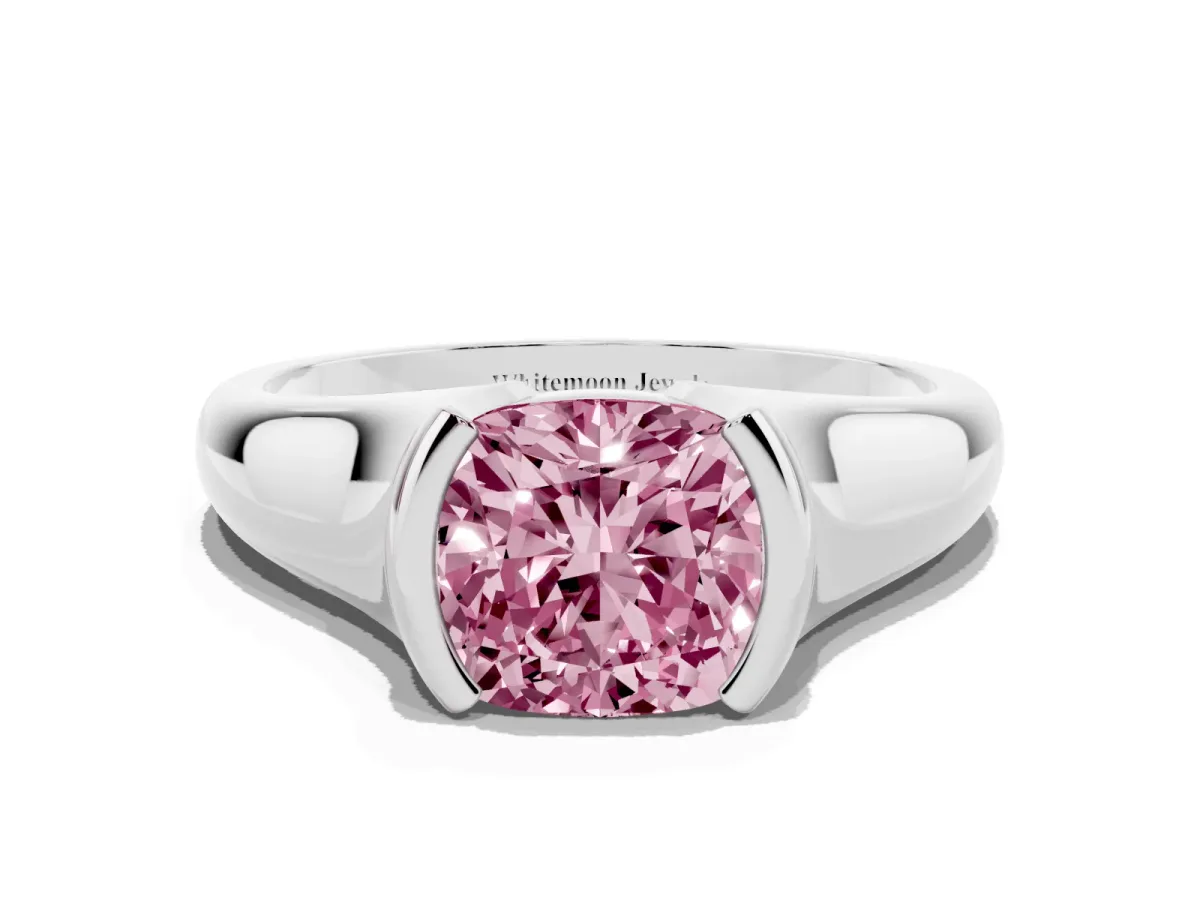 Fancy Pink Cushion Cut Solitaire Tension Set Diamond Ring with Split Shank Band Platinum
