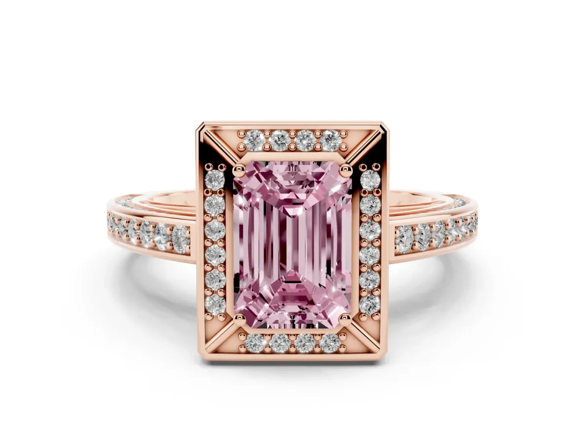 Fancy Pink Emerald Cut Cut Halo Pave Split Shank Prong Setting Ring Rose gold