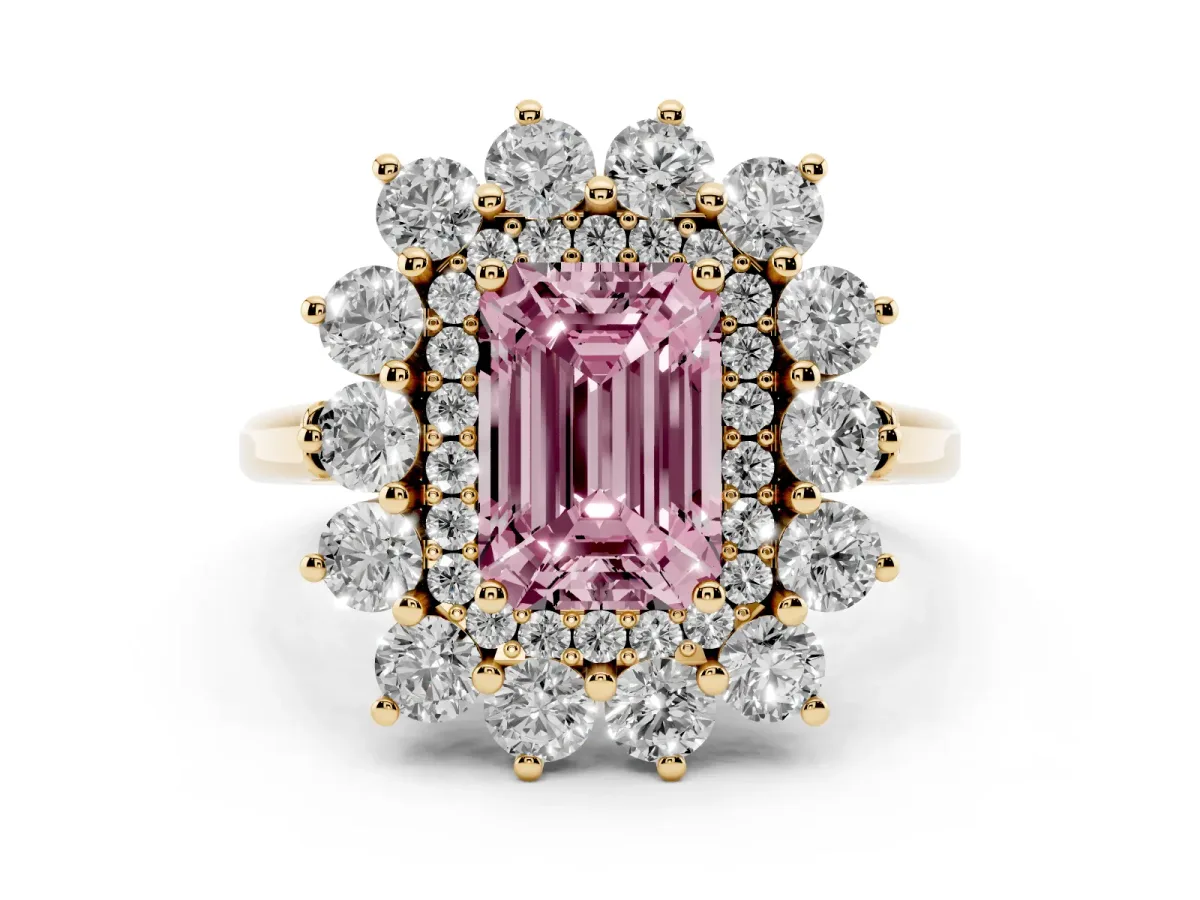 Fancy Pink Emerald Cut Diamond Floral Double Halo Engagement Ring with Prong Setting Yellow gold
