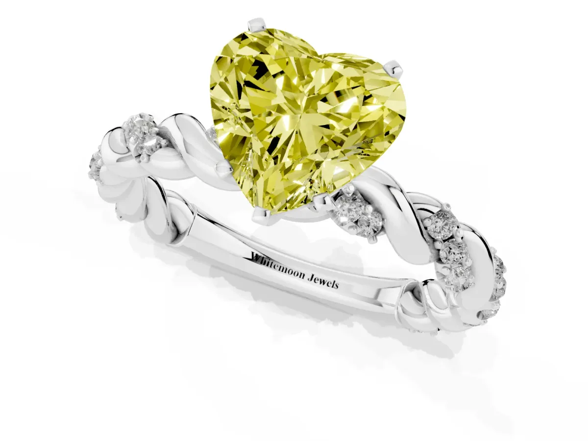 Fancy Yellow Heart Cut Diamond Solitaire Ring with Twisted Band and Pavé Accents Platinum