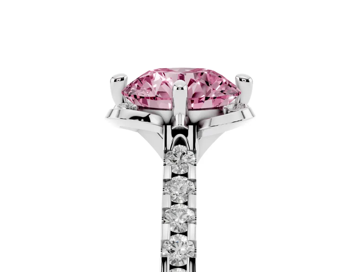 Fancy Pink Round Cut Diamond Ring with Pavé Band and Floral Prong Setting Silver