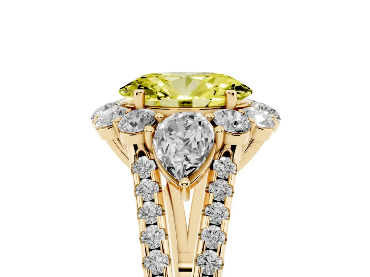 Fancy Yellow Oval Cut Halo Split Shank Diamond Engagement Ring with Prong Setting Yellow gold