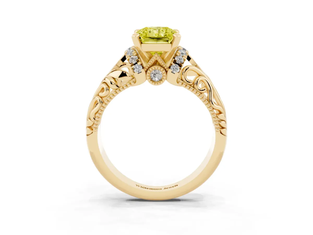 Fancy Yellow Radiant Cut Solitaire Filigree Engagement Ring with Halo and Prong Setting Yellow gold