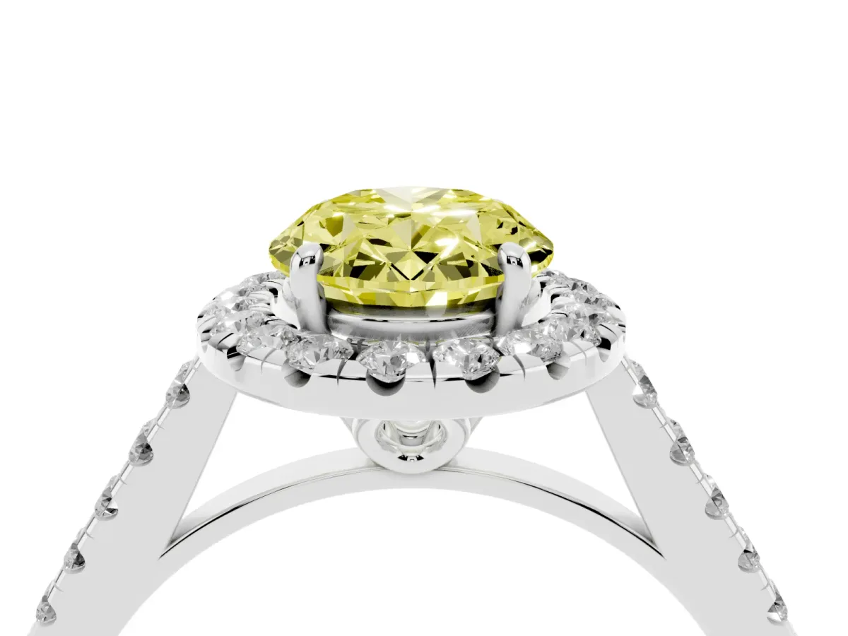 Fancy Yellow Oval Cut Halo Pavé Diamond Engagement Ring with Four-Prong Setting Silver
