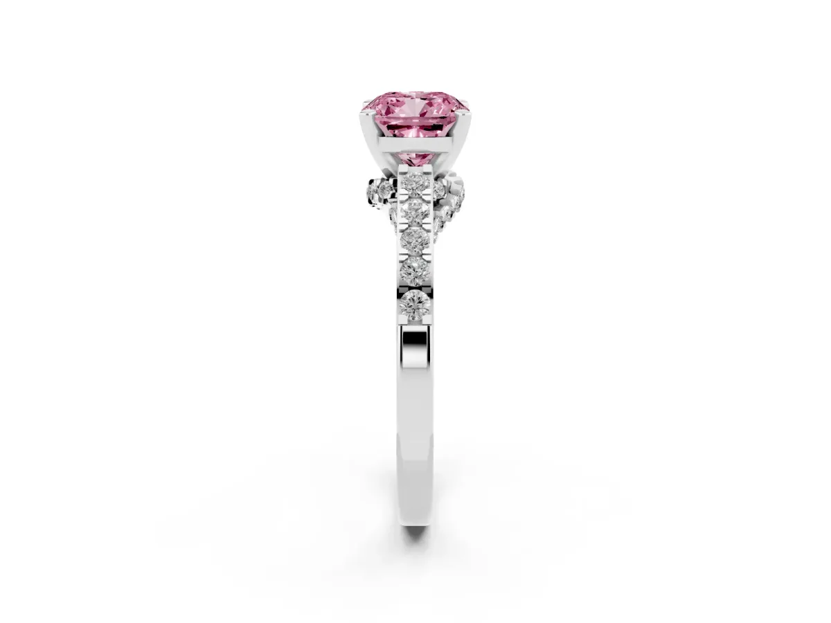 Fancy Pink Cushion Cut Diamond Solitaire Ring with Crossover Gallery and Round Pavé Band White gold