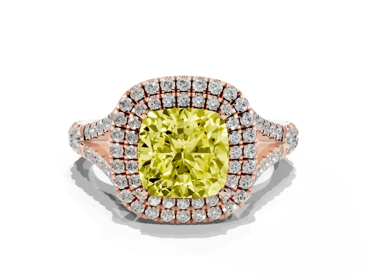 Fancy Yellow Cushion Cut Diamond Pavé Split Shank Double Halo Engagement Ring Rose gold