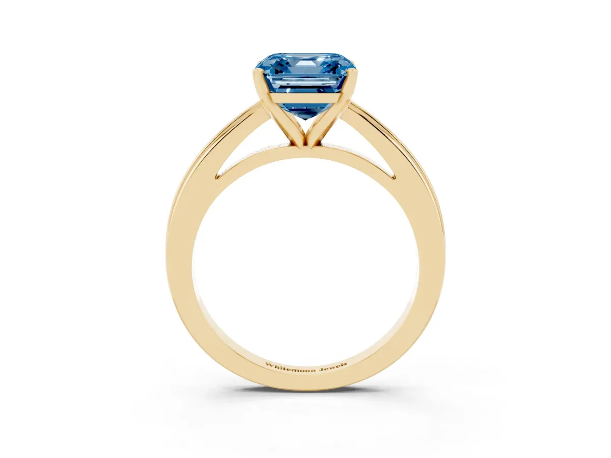 Fancy Blue Asscher Cut Solitaire Diamond Ring with Four-Prong Setting and Classic Band Yellow gold