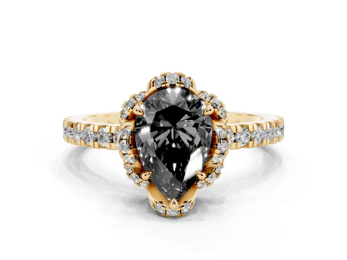 Fancy Black Pear Cut Diamond Halo Pave Band with Four-Prong Setting Yellow gold