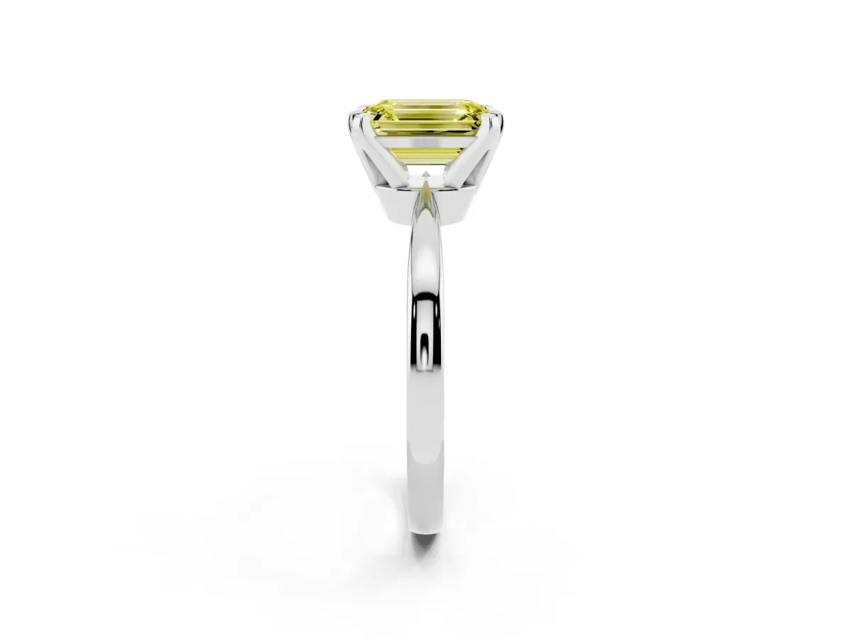 Fancy Yellow Emerald Cut Solitaire Engagement Ring with Six-Prong Setting and Tapered Band Silver